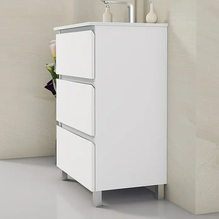 Artysan Mueble bajo de lavabo Ons - L x An x Al: 38,6 x 60 x 83,3 cm, Blanco - Mueble de baño blanco con tres cajones y patas plateadas en el baño. Diseño elegante y moderno.