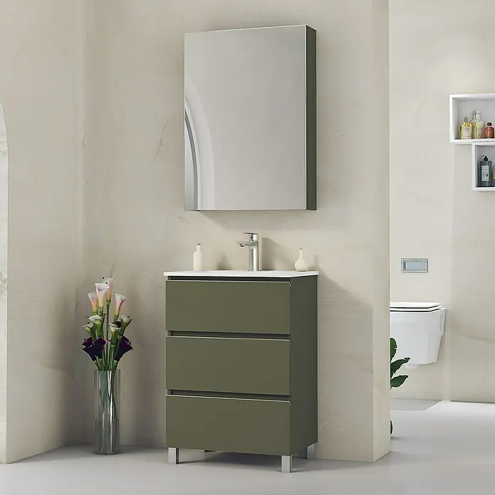 Artysan Mueble bajo de lavabo Ons - An x Pr x Al: 60 x 38,6 x 83,3 cm, Musgo - Lavabo de baño con espejo y mueble con cajones verde oliva, un mueble elegante para baños modernos.