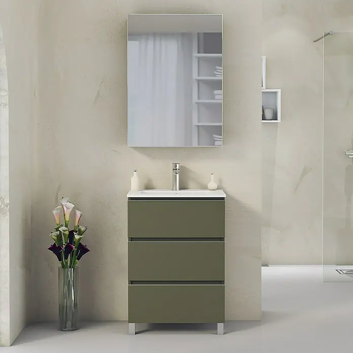 Artysan Mueble bajo de lavabo Ons - An x Pr x Al: 60 x 38,6 x 83,3 cm, Musgo - Elegante conjunto de baño con mueble y espejo. El mueble ofrece un almacenamiento práctico, y el diseño elegante se integra a la perfección.