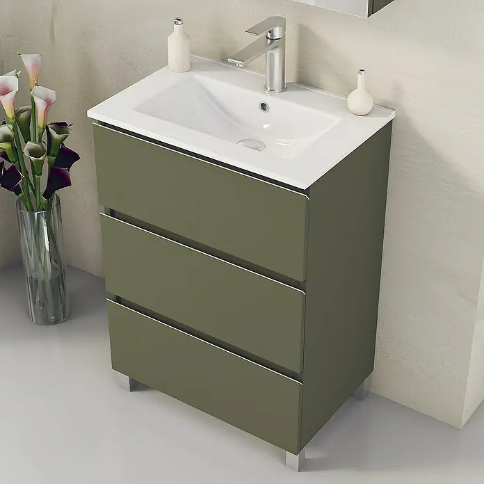 Artysan Mueble bajo de lavabo Ons - An x Pr x Al: 60 x 38,6 x 83,3 cm, Musgo - Elegante mueble de baño con lavabo, grifo y tres cajones en un diseño elegante para baños modernos.