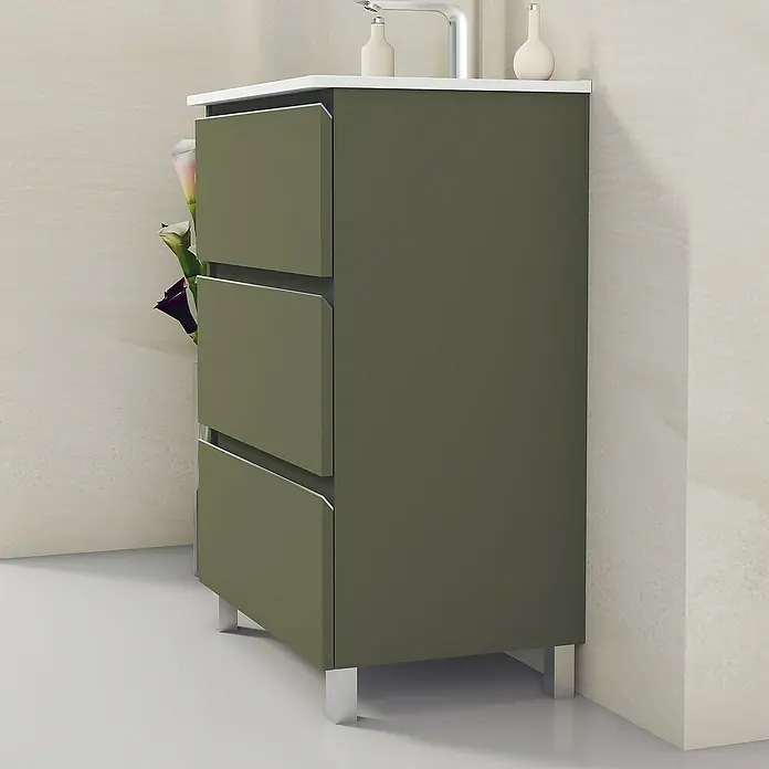 Artysan Mueble bajo de lavabo Ons - An x Pr x Al: 60 x 38,6 x 83,3 cm, Musgo - Moderno juego de muebles de baño con lavabo de cerámica blanca y cajones verde oliva para almacenaje. Diseño atemporal para cualquier baño.