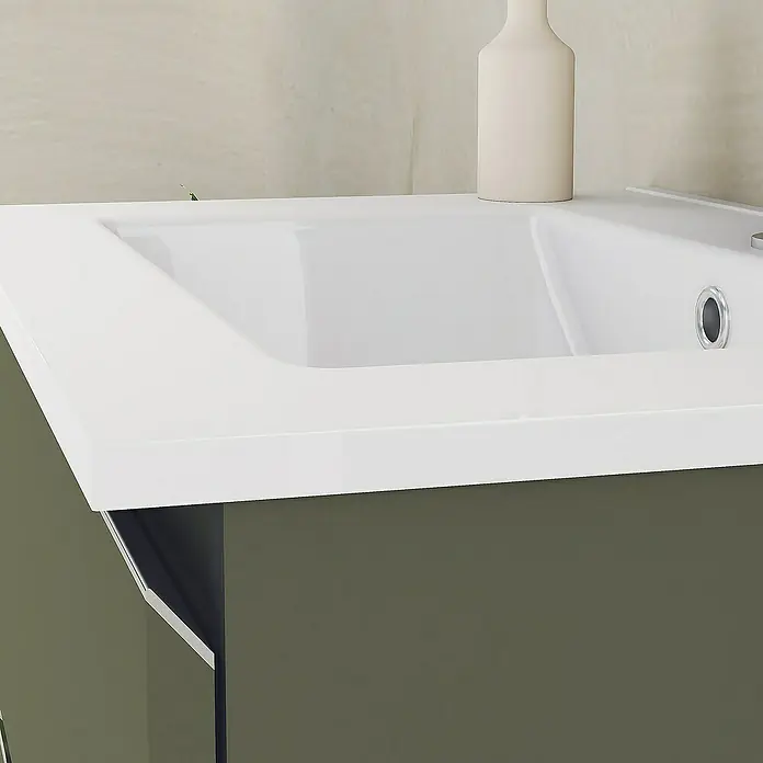 Artysan Mueble bajo de lavabo Ons - An x Pr x Al: 60 x 38,6 x 83,3 cm, Musgo - Primer plano de un tocador moderno con lavabo blanco y mueble verde oliva. Diseño elegante para el baño.