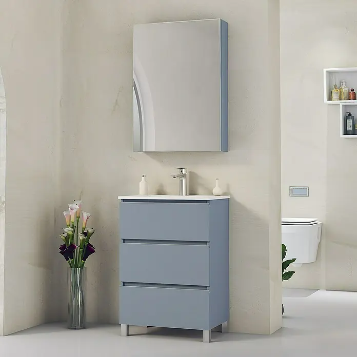 Artysan Mueble bajo de lavabo Ons - L x An x Al: 38,6 x 60 x 83,3 cm, Azul - Elegante lavabo de baño con tres cajones en tono azul suave y armario con espejo a juego para un ambiente elegante.