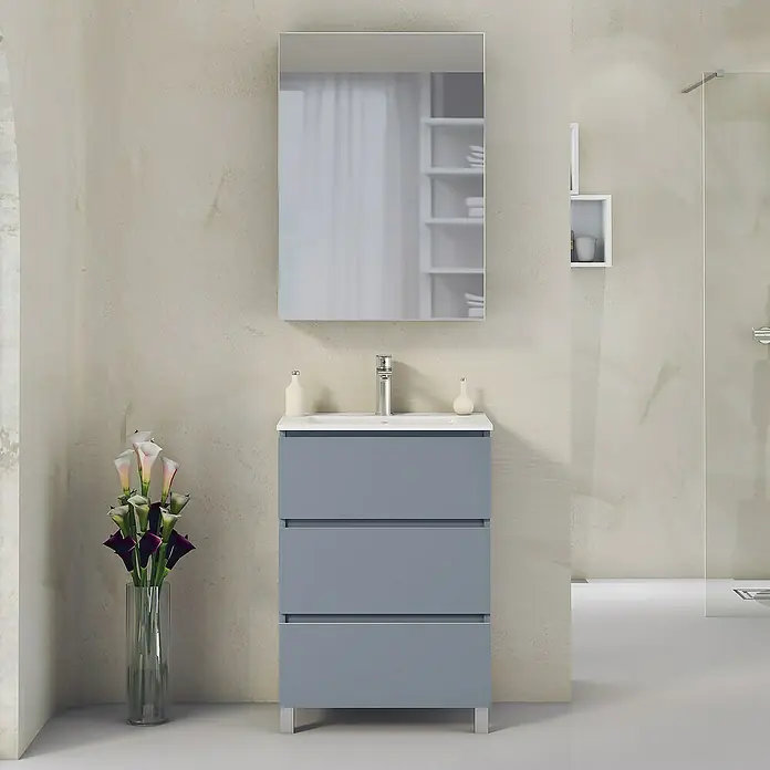 Artysan Mueble bajo de lavabo Ons - L x An x Al: 38,6 x 60 x 83,3 cm, Azul - Mueble de baño con espejo y mueble bajo lavabo gris con tres cajones y patas metálicas delgadas.