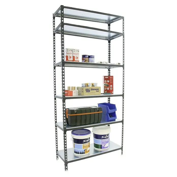 Simonrack Simonclick Metallregal Simonclick Super Plus - H x B x T: 250 x 110 x 40 cm, Traglast pro Boden: 200 kg, Anzahl Böden: 6 Stk., Stecken, Anthrazit/Weiß - Regal mit sechs Fächern, gefüllt mit Werkzeugen, Farbdosen und anderen Gegenständen, ideal für Garage oder Keller.