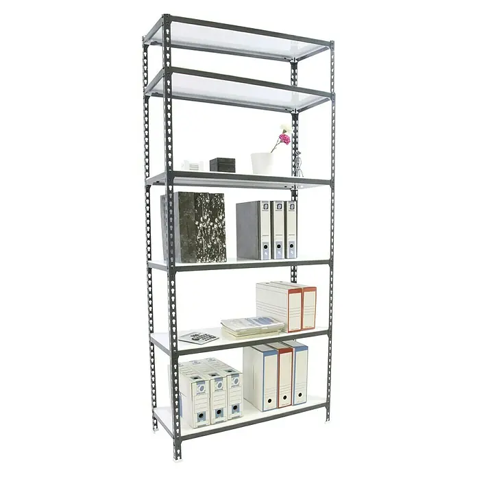 Simonrack Simonclick Metallregal Simonclick Super Plus - H x B x T: 250 x 110 x 30 cm, Traglast pro Boden: 200 kg, Anzahl Böden: 6 Stk., Stecken, Anthrazit/Weiß - Ein Regal mit fünf Fächern, gefüllt mit Ordnern, Boxen und Dekorationsartikeln. Optimal zur Aufbewahrung von Büroartikeln und Büchern.