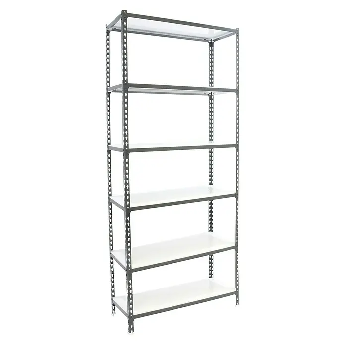 Simonrack Simonclick Metallregal Simonclick Super Plus - H x B x T: 250 x 110 x 30 cm, Traglast pro Boden: 200 kg, Anzahl Böden: 6 Stk., Stecken, Anthrazit/Weiß - Abbildung eines grauen Metallregals mit sechs weißen Regalböden vor einem schwarzen Hintergrund.