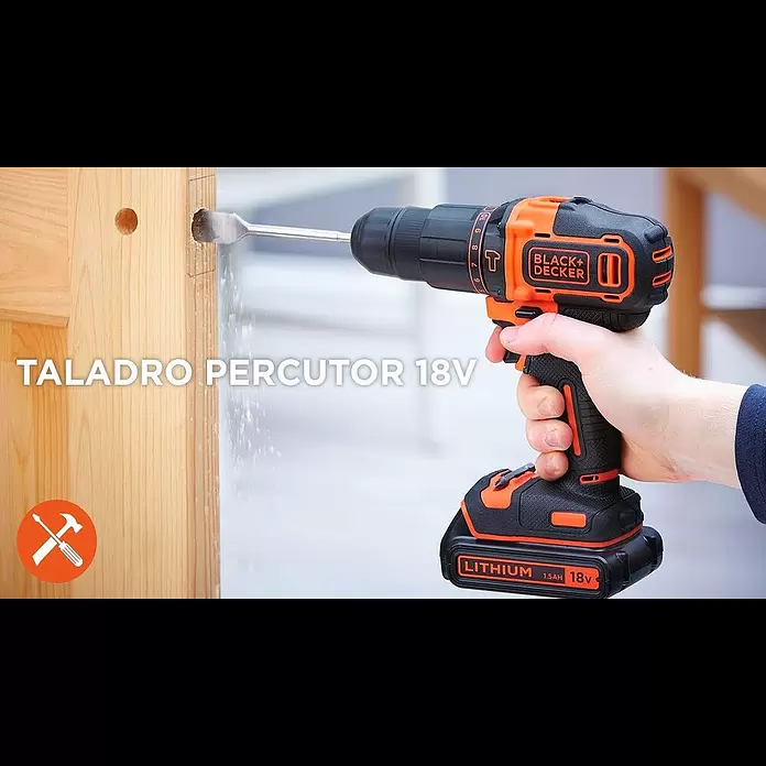 Black+Decker Taladro atornillador percutor de batería BDCHD18KB - 18 V, 2 baterías, 1,5 Ah, 40 Nm - Taladro Percutor 18V I BLACK+DECKER™