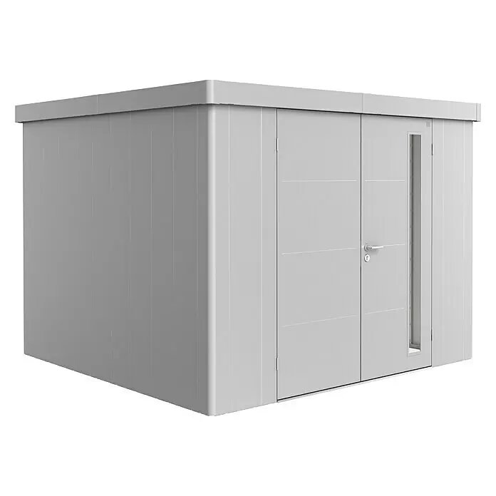 Biohort Neo Gerätehaus Neo 3C - Außenbreite inkl. Dachüberstand: 292 cm, Außentiefe inkl. Dachüberstand: 292 cm, Stahl, Silber-Metallic, Doppeltür - Grauer moderner Geräteschuppen mit Flachdach, Doppeltür und schmalem Seitenfenster.