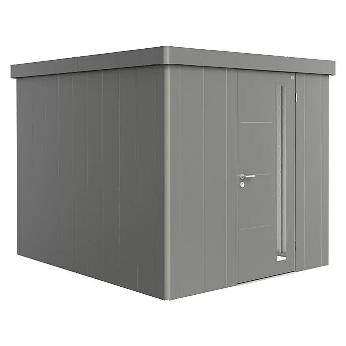 Biohort Neo Gerätehaus Neo 3B - Außenbreite inkl. Dachüberstand: 236 cm, Außentiefe inkl. Dachüberstand: 292 cm, Stahl, Quarzgrau-Metallic, Einzeltür - Moderner grauer Gartenschuppen mit Tür und schmalem vertikalen Fenster.