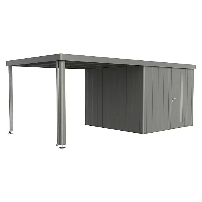 Biohort Neo Seitendach - Passend für: Biohort Gerätehaus NEO, Quarzgrau Metallic, 300 x 291 cm - Moderner grauer Geräteschuppen mit integriertem Carport, Flachdach und Tür mit vertikalem Fenster.