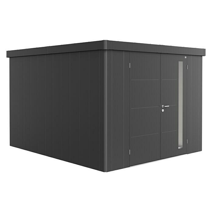 Biohort Neo Gerätehaus 4C (Außenbreite inkl. Dachüberstand: 292 cm, Außentiefe inkl. Dachüberstand: 348 cm, Stahl, Dunkelgrau-Metallic, Doppeltür) | BAUHAUS