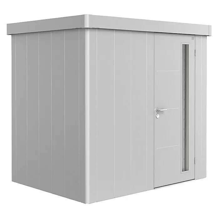 Biohort Neo Gerätehaus 1B - Außenmaß inkl. Dachüberstand (B x T): 236 x 180 cm, Stahl, Silber Metallic, Einzeltür - Moderner grauer Geräteschuppen mit Tür und vertikalem Fenster.