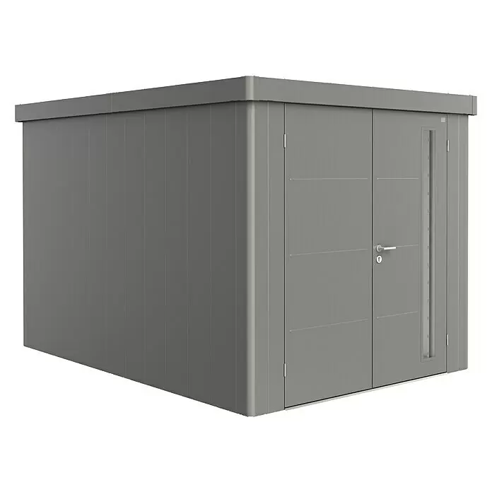 Biohort Neo Gerätehaus Neo 4B - Außenbreite inkl. Dachüberstand: 236 cm, Außentiefe inkl. Dachüberstand: 348 cm, Stahl, Quarzgrau-Metallic, Doppeltür - Moderner grauer Geräteschuppen mit Flachdach, Doppeltür und vertikalem Fensterdetail.