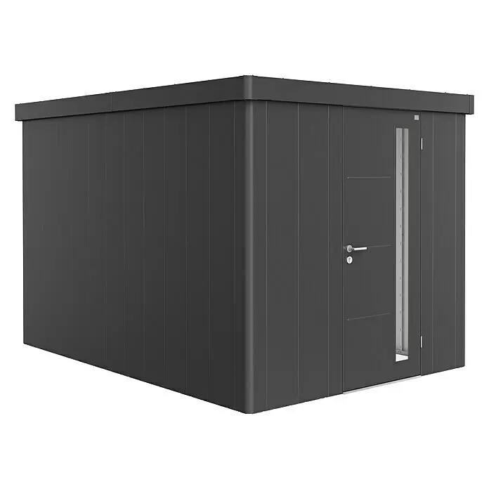 Biohort Neo Gerätehaus Neo 4B - Außenbreite inkl. Dachüberstand: 236 cm, Außentiefe inkl. Dachüberstand: 348 cm, Stahl, Dunkelgrau-Metallic, Einzeltür - Modernes dunkelgraues Gartenhaus mit Flachdach und integrierter Tür mit vertikalem Fenster.