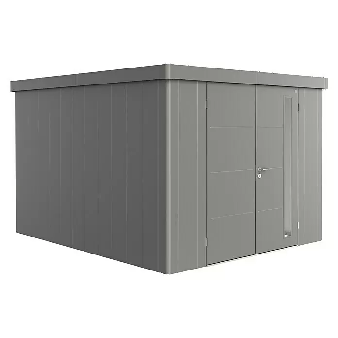 Biohort Neo Gerätehaus Neo 4C - Außenbreite inkl. Dachüberstand: 292 cm, Außentiefe inkl. Dachüberstand: 348 cm, Stahl, Quarzgrau-Metallic, Doppeltür - Grauer moderner Geräteschuppen mit elegantem Design, Haupttür und schmalem vertikalen Fenster.