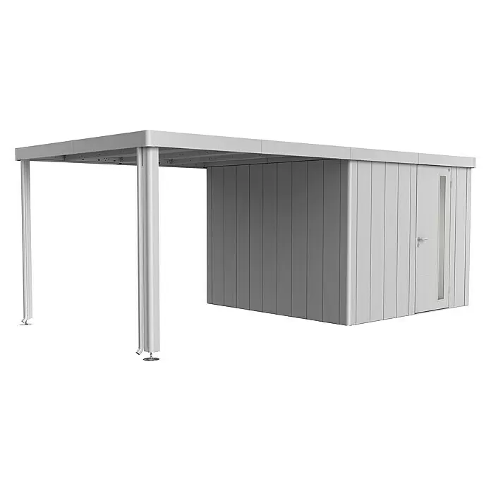 Biohort Neo Seitendach - Passend für: Biohort Gerätehaus NEO Gr. 3A/ 3B/ 3C/ 3D, Silber Metallic, 300 x 291 cm - Hellgraues Metall-Carport mit integriertem Schuppen. Der Schuppen hat vertikale Paneele und eine Tür mit vertikalem Fenster.