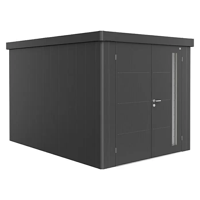 Biohort Neo Gerätehaus Neo 4B - Außenbreite inkl. Dachüberstand: 236 cm, Außentiefe inkl. Dachüberstand: 348 cm, Stahl, Dunkelgrau-Metallic, Doppeltür - Dunkelgraues, modernes Gerätehaus mit Flachdach, Doppeltür und schmalem vertikalem Fenster.