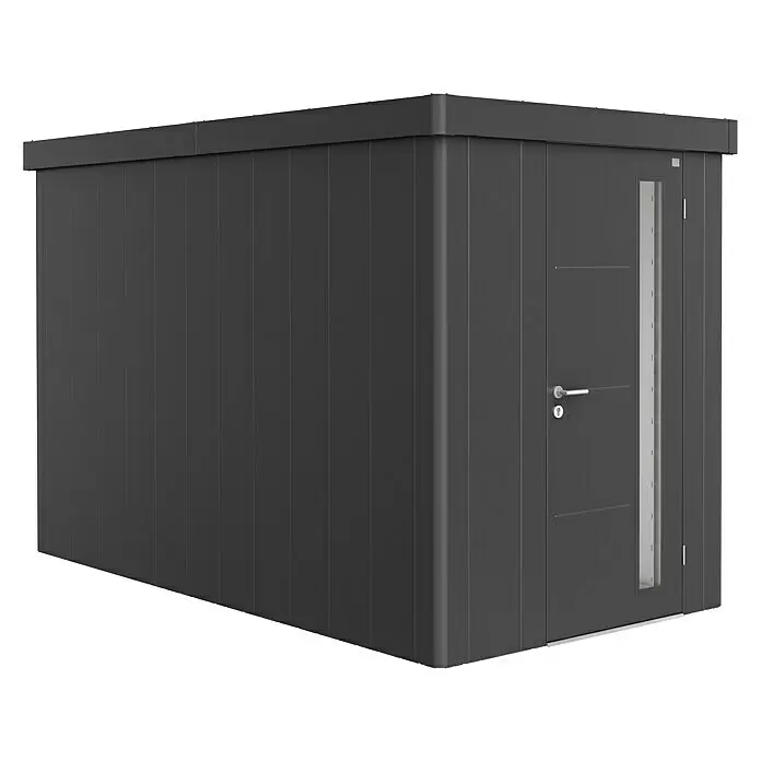 Biohort Neo Gerätehaus Neo 4A - Außenbreite inkl. Dachüberstand: 180 cm, Außentiefe inkl. Dachüberstand: 348 cm, Stahl, Dunkelgrau-Metallic - Dunkelgraues, modernes Gartenhaus mit Tür, vertikalem Fenster und Griff.