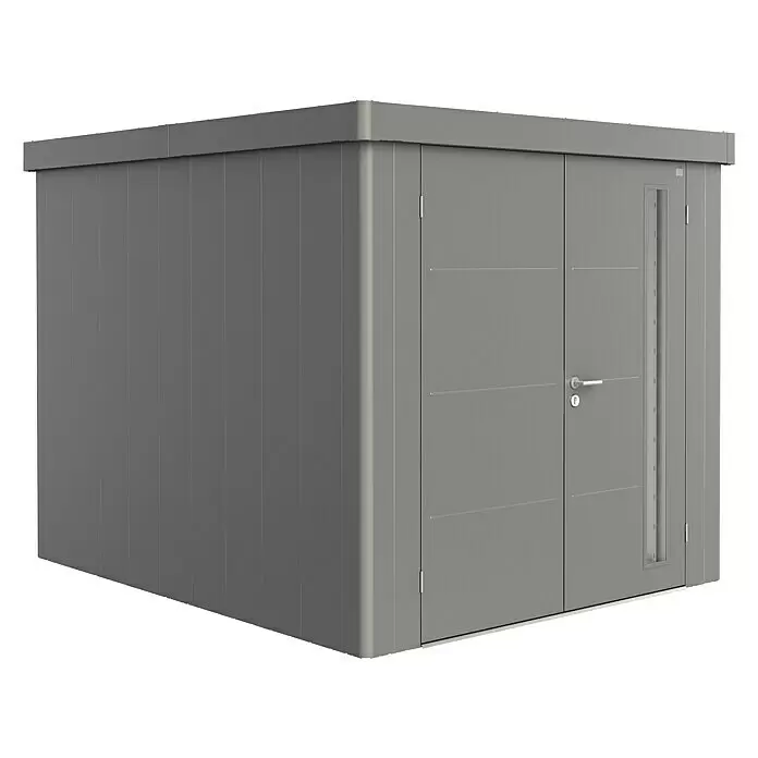Biohort Neo Gerätehaus Neo 3B - Außenbreite inkl. Dachüberstand: 236 cm, Außentiefe inkl. Dachüberstand: 292 cm, Stahl, Quarzgrau-Metallic, Doppeltür - Moderner grauer Metall-Geräteschuppen mit Doppeltüren und vertikaler Lichtblende.