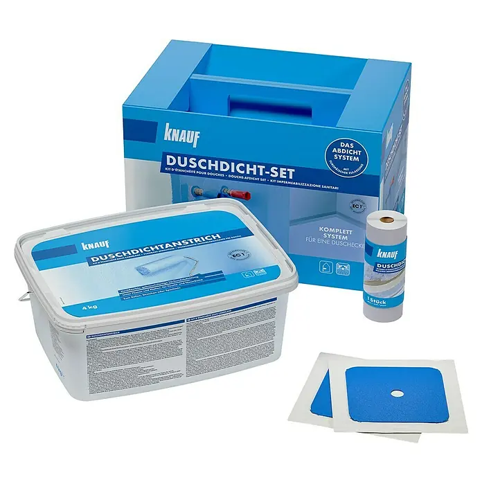 Knauf Duschdicht-Set - 4 -tlg. - Produktfoto eines Knauf Duschdicht-Sets, bestehend aus Dichtmasse, Dichtband, Manschetten und einer praktischen Aufbewahrungsbox für Badezimmer.