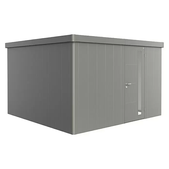 Biohort Neo Gerätehaus Neo 4D - Außenbreite inkl. Dachüberstand: 348 cm, Außentiefe inkl. Dachüberstand: 348 cm, Stahl, Quarzgrau-Metallic, Einzeltür - Moderner grauer Modulschuppen mit Flachdach und Tür mit schmalem vertikalen Fenster.