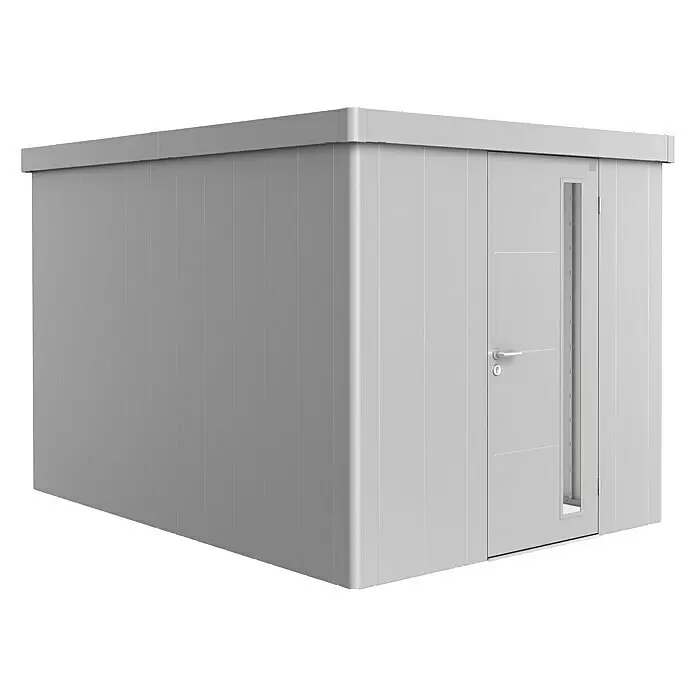 Biohort Neo Gerätehaus Neo 4B - Außenbreite inkl. Dachüberstand: 236 cm, Außentiefe inkl. Dachüberstand: 348 cm, Stahl, Silber-Metallic, Einzeltür - Moderner grauer Modulschuppen mit Flachdach und Tür mit vertikalem Fenster.