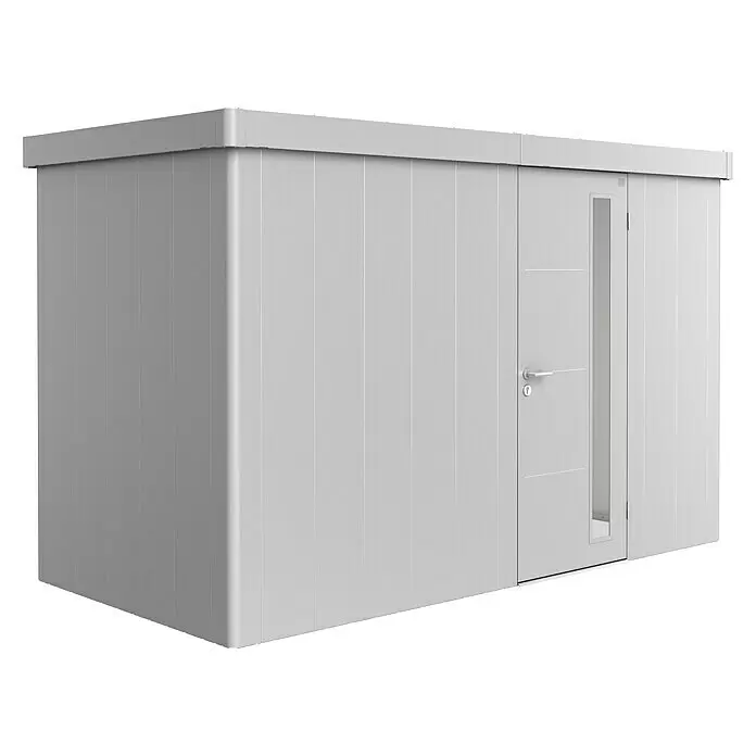 Biohort Neo Gerätehaus Neo 1D - Außenbreite inkl. Dachüberstand: 348 cm, Außentiefe inkl. Dachüberstand: 180 cm, Stahl, Silber-Metallic, Einzeltür - Grauer Metall-Gartenschuppen mit Flachdach und Tür mit vertikalem Fenster.