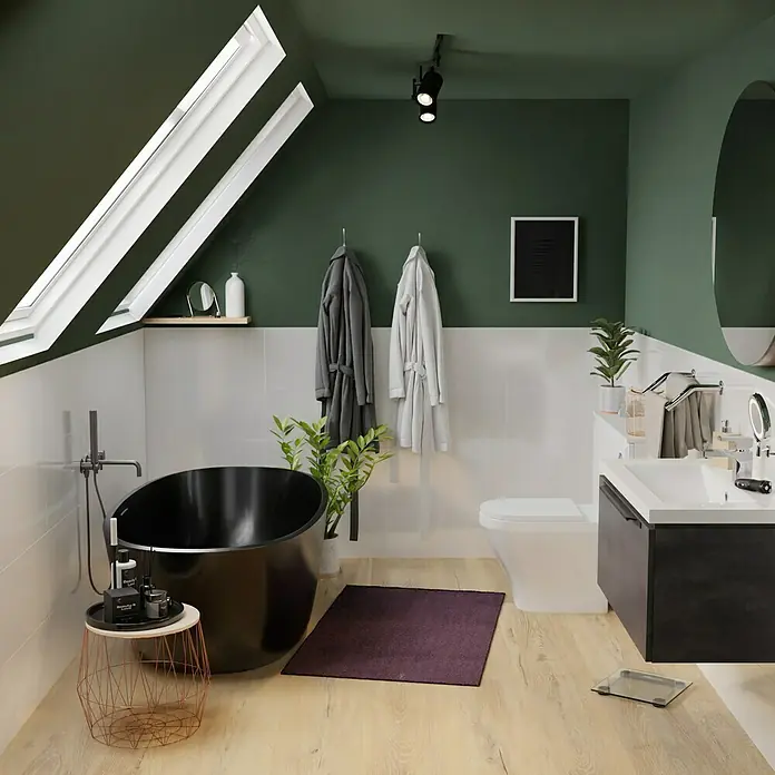 Wandfliese Objekt30 x 60 cm, Weiß, Glänzend - Modernes Badezimmer mit freistehender Badewanne, Waschtisch und Dachfenstern. Elegantes Design für entspannende Momente.