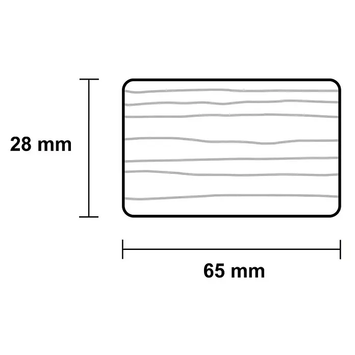 Bankleiste - 240 x 2,8 x 6,5 cm, Abachi/Ayous - Abbildung einer länglichen Platte mit abgerundeten Ecken und einer Holzmaserung mit den Maßen 65 mm x 28 mm.