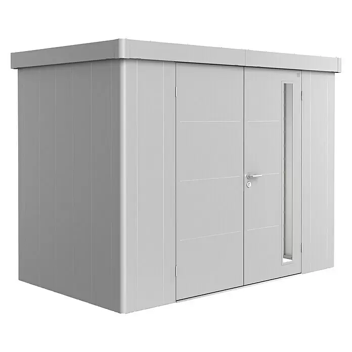 Biohort Neo Gerätehaus Neo 1C - Außenbreite inkl. Dachüberstand: 292 cm, Außentiefe inkl. Dachüberstand: 180 cm, Stahl, Silber-Metallic, Doppeltür - Moderner grauer Metall-Gartenschuppen mit Tür und schmalem vertikalem Fenster zur Aufbewahrung im Freien.