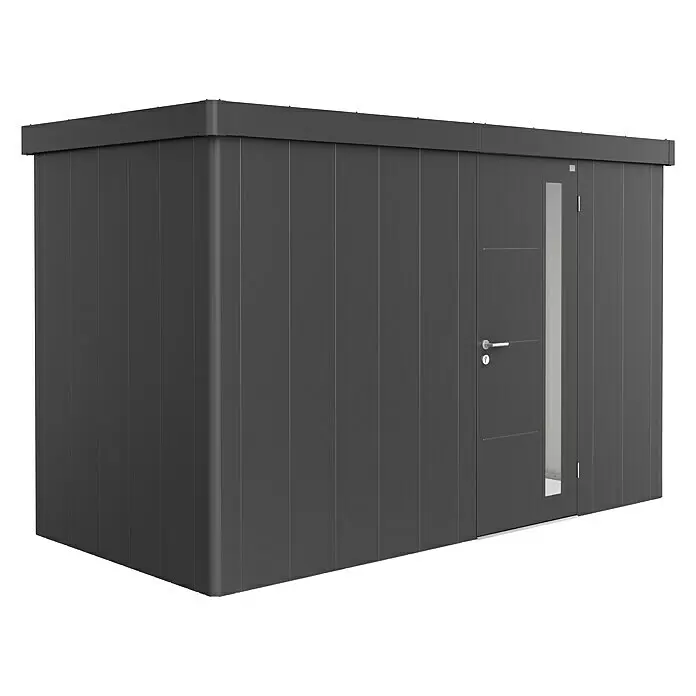 Biohort Neo Gerätehaus Neo 1D - Außenbreite inkl. Dachüberstand: 348 cm, Außentiefe inkl. Dachüberstand: 180 cm, Stahl, Dunkelgrau-Metallic, Einzeltür - Moderner, anthrazitfarbener Metallgartenschuppen mit Flachdach und einer Tür mit vertikaler Glasscheibe.