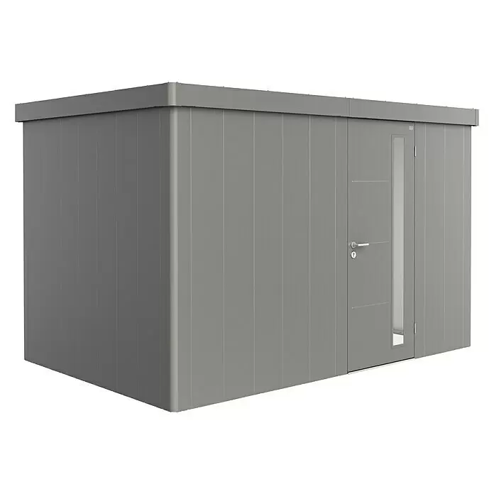 Biohort Neo Gerätehaus Neo 2D - Außenbreite inkl. Dachüberstand: 348 cm, Außentiefe inkl. Dachüberstand: 236 cm, Stahl, Quarzgrau-Metallic, Einzeltür - Graues modulares Gartenhaus mit Flachdach, Tür mit Griff und vertikalem Fenster.