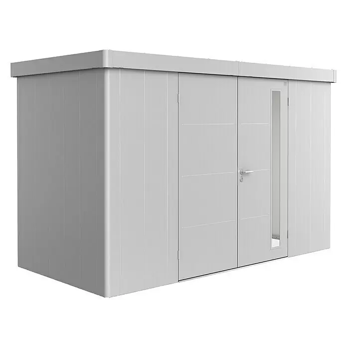 Biohort Neo Gerätehaus Neo 1D - Außenbreite inkl. Dachüberstand: 348 cm, Außentiefe inkl. Dachüberstand: 180 cm, Stahl, Silber-Metallic, Doppeltür - Heller Geräteschuppen mit Flachdach und Doppeltür, eine Tür mit vertikalem Fenster.
