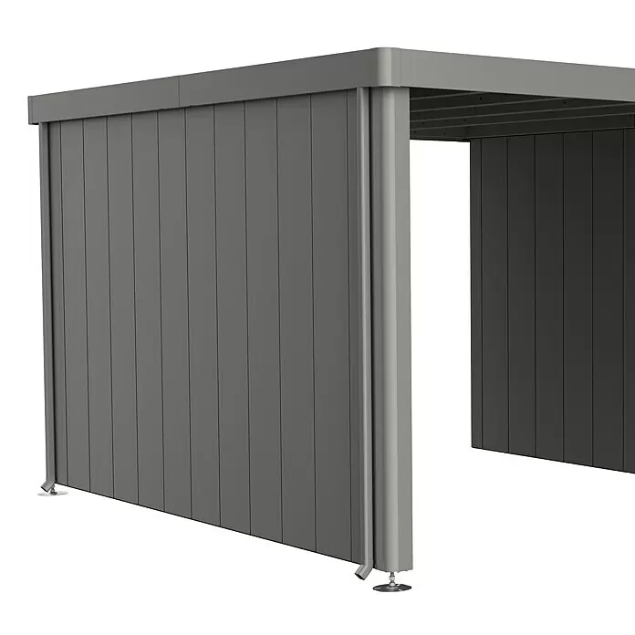 Biohort Neo Seitenwand - Passend für: Biohort Gerätehaus NEO 4A, Quarzgrau - Dunkelgraue modulare Aluminium-Pergola mit Lamellenwänden, verstellbaren Füßen und integriertem Wasserablaufstutzen.