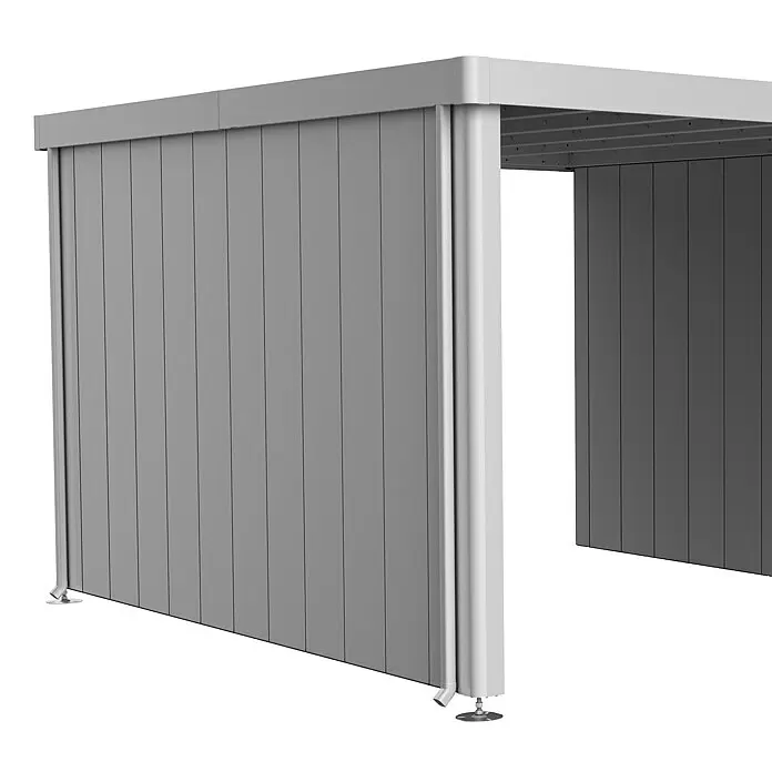 Biohort Neo Seitenwand - Passend für: Biohort Gerätehaus NEO 4A, Silber Metallic - Graue modulare Außenstruktur mit Lamellen-Seitenwänden und offener Vorderseite.