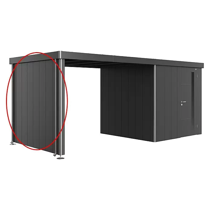 Biohort Neo Seitenwand - Passend für: Biohort Gerätehaus NEO 2A, Dunkelgrau - Dunkelgraues modulares Carport oder Lagerungseinheit mit festen Seitenwänden und vertikalen Paneelen.