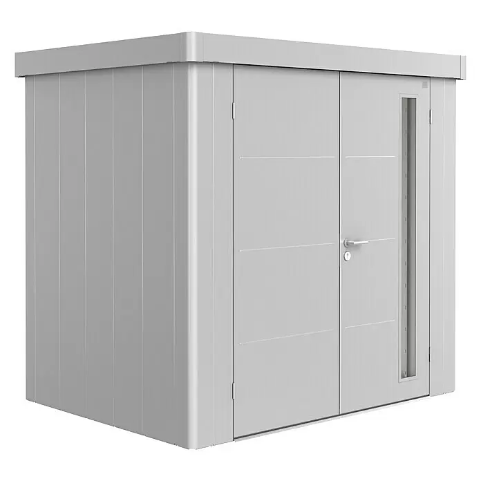 Biohort Neo Gerätehaus 1B - Außenmaß inkl. Dachüberstand (B x T): 236 x 180 cm, Stahl, Silber Metallic, Doppeltür - Moderner, grauer Geräteschuppen mit Doppeltüren und vertikalem Fenster.