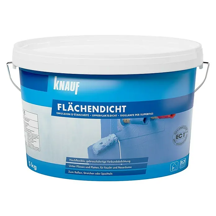 Knauf Flächendicht - 5 kg - Abbildung eines Eimers Knauf Flächendicht, einer gebrauchsfertigen, flexiblen Dichtungsemulsion für Fliesen und Platten in Feuchträumen.