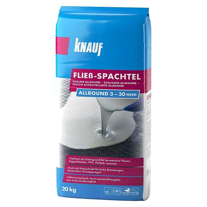 Knauf Fließspachtel allround - 20 kg, Schichtdicke: 3 mm - 30 mm - Knauf Fließspachtel Allround: Ideal für keramische Fliesen, Teppichböden, PVC, Parkett und Laminat. Selbstverlaufend und hoch belastbar.