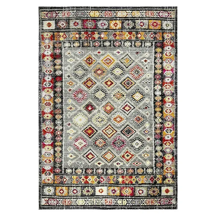 Outdoor-Teppich Bonnie - Bunt Hell, 170 x 120 cm, 100 % Polypropylen - Grauer Teppich mit bunten Diamanten und dekorativen Bordüren für ein stilvolles Ambiente in jedem Raum.