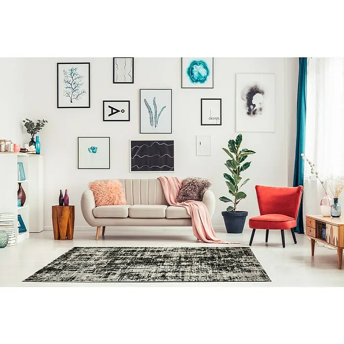 Outdoor-Teppich Bonnie - Anthrazit, 170 x 120 cm, 100 % Polypropylen - Das Bild zeigt einen stilvollen Wohnraum mit einem dekorativen Teppich, der das Ambiente des Raumes hervorhebt und einen Hauch von Eleganz verleiht.