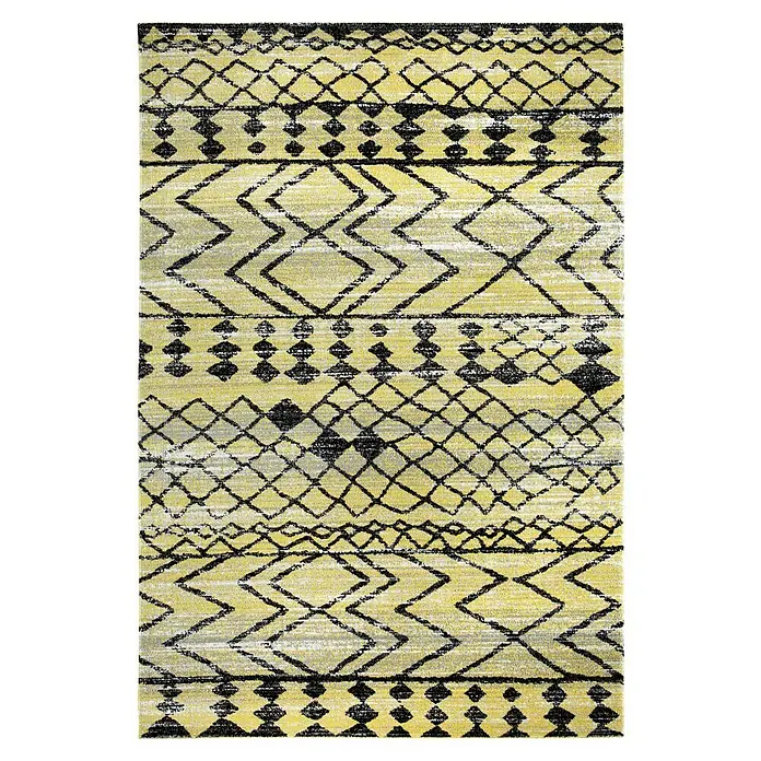 Outdoor-Teppich Bonnie - Gelb, 170 x 120 cm, 100 % Polypropylen - Moderner Teppich mit gelbem Hintergrund und abstraktem geometrischen Muster in Schwarz und Grau.