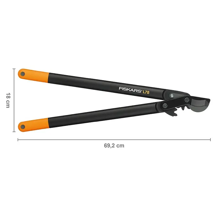 Fiskars Hand-Astschere PowerGear II L78 - Länge: 69,2 cm, Max. Aststärke: 50 mm, Stahl, Orange/Schwarz - Eine Astschere von Fiskars L78 mit orangefarbenen Griffen und einer Gesamtlänge von 69,2 cm.