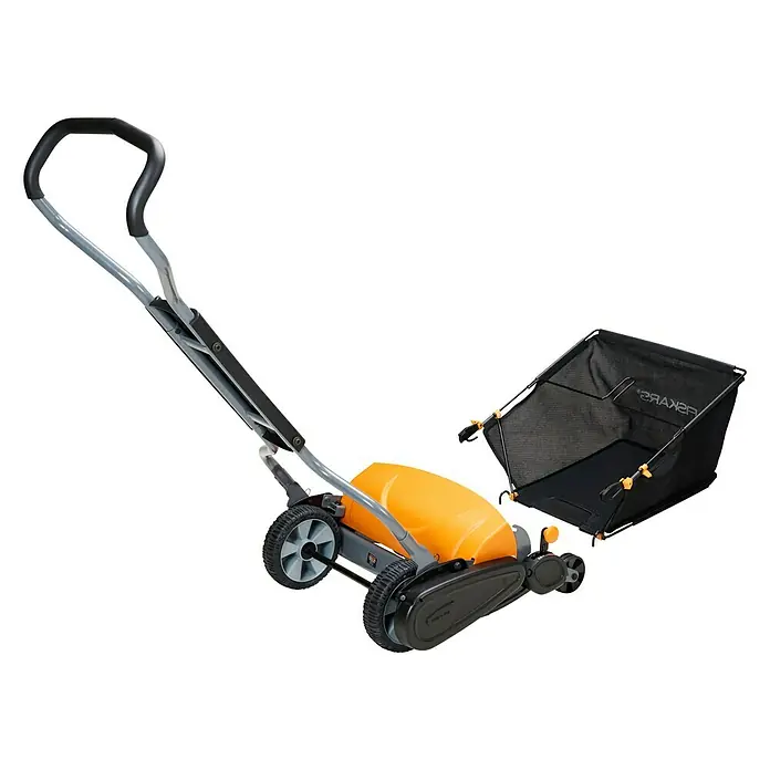 Fiskars Spindelmäher StaySharp Max - Schnittbreite: 46 cm - Abbildung eines Fiskars Rasenlüfters mit Fangkorb, ideal für die Rasenpflege und zur Beseitigung von Rasenfilz.