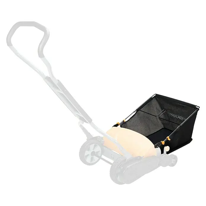 Fiskars Spindelmäher StaySharp Max - Schnittbreite: 46 cm - Abbildung eines Fiskars-Rasenmähers mit einem schwarzen Fangkorb und einem weißen Griff, ideal für die Rasenpflege.