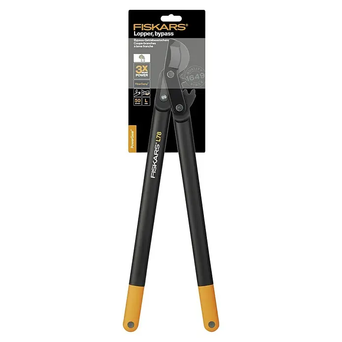 Fiskars Hand-Astschere PowerGear II L78 - Länge: 69,2 cm, Max. Aststärke: 50 mm, Stahl, Orange/Schwarz - Nahaufnahme der Fiskars L78 Getriebeastschere mit Bypass-Funktion, die Äste bis zu 50 mm schneidet.