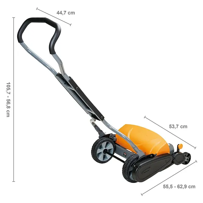Fiskars Spindelmäher StaySharp Max - Schnittbreite: 46 cm - Bild einer Rasenwalze mit Griff und Maßen. Praktisches Gartengerät zur Rasenpflege mit angezeigten Abmessungen.