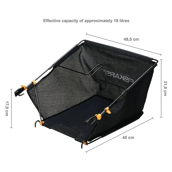 Fiskars Grasfangkorb für Rasenmäher StaySharp - 18 l, StaySharp Spindelmäher - Abbildung eines schwarzen Fangsacks mit den Maßen 49,5 cm x 31,8 cm x 40 cm x 17,8 cm und einem Fassungsvermögen von ca. 18 Litern.
