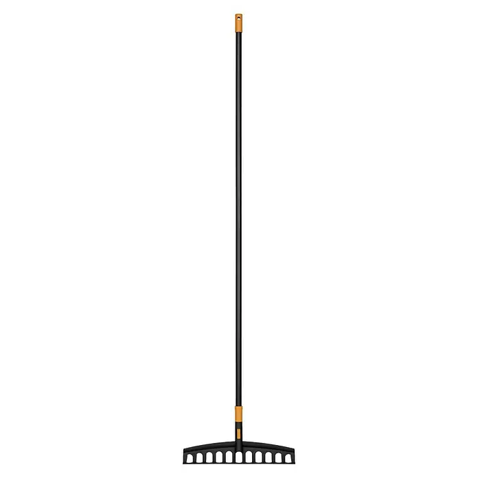 Fiskars Solid Laubbesen - Arbeitsbreite: 52 cm, Anzahl Zinken: 24, Art Stiel: Langstiel - Ein schwarzer Kunststoff-Rechen mit einem langen, schlanken Stiel und einem orangefarbenen Griff. Ideal für Gartenarbeiten.